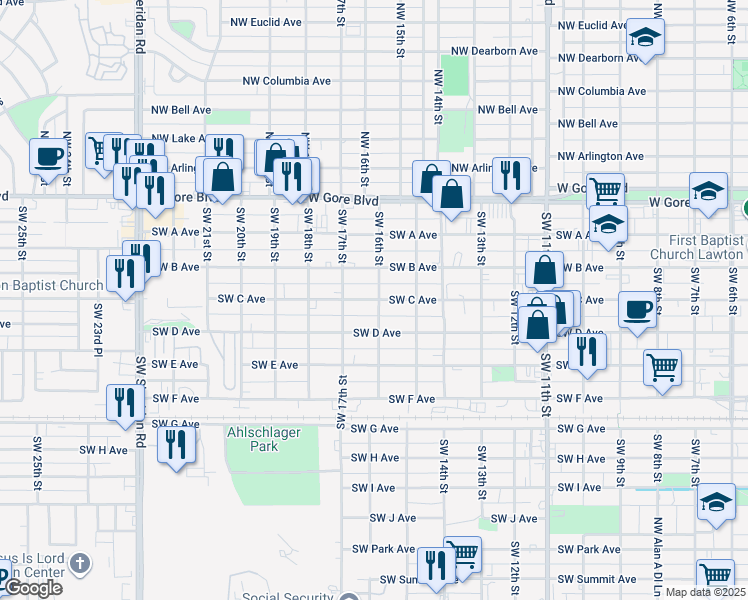 map of restaurants, bars, coffee shops, grocery stores, and more near 1610 Southwest C Avenue in Lawton