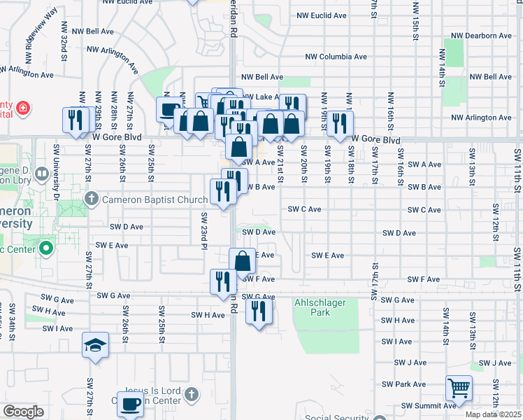 map of restaurants, bars, coffee shops, grocery stores, and more near 206 Southwest Sheridan Road in Lawton