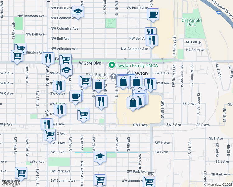 map of restaurants, bars, coffee shops, grocery stores, and more near 500 Southwest C Avenue in Lawton