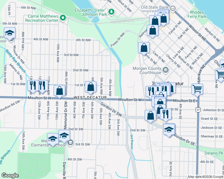 map of restaurants, bars, coffee shops, grocery stores, and more near 116 4th Avenue Northwest in Decatur