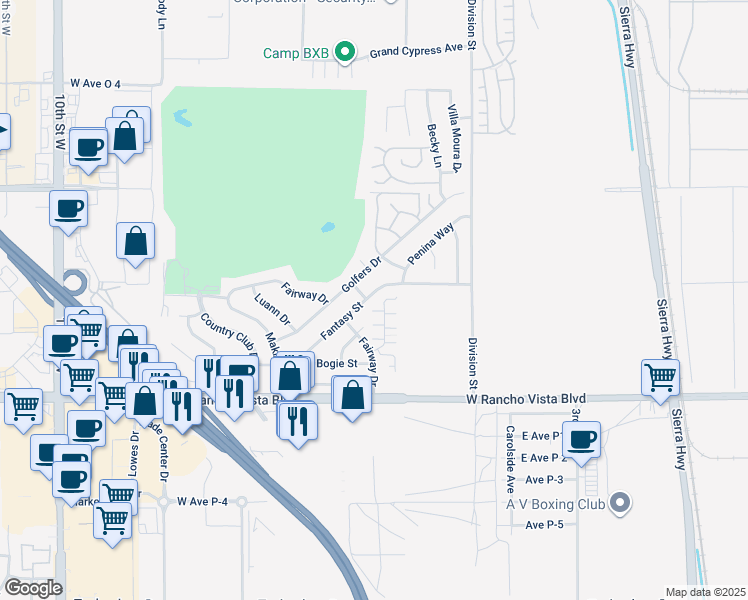 map of restaurants, bars, coffee shops, grocery stores, and more near 340 Fantasy Street in Palmdale