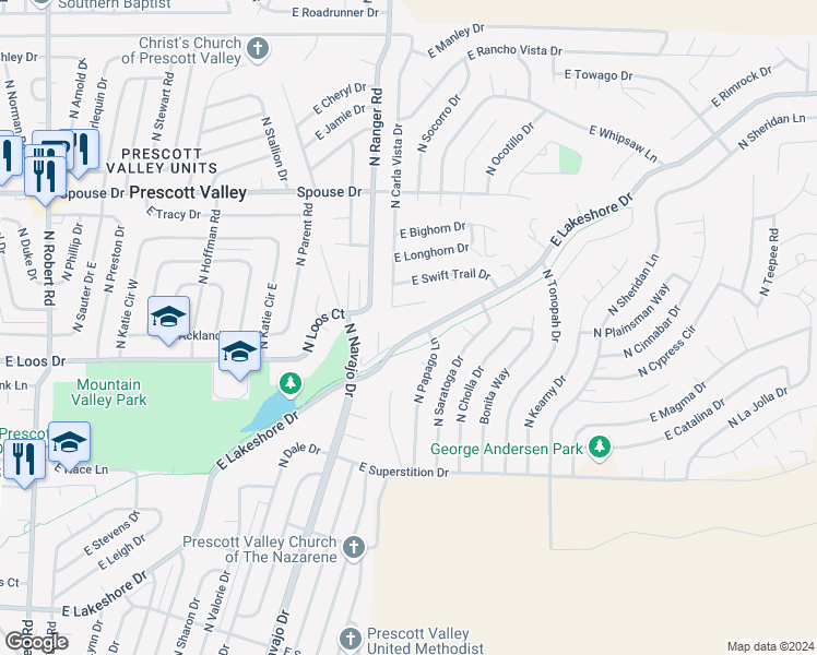 map of restaurants, bars, coffee shops, grocery stores, and more near 9060 East Lakeshore Drive in Prescott Valley