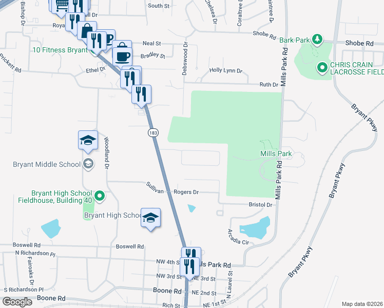 map of restaurants, bars, coffee shops, grocery stores, and more near 213 White Blossom Circle in Bryant