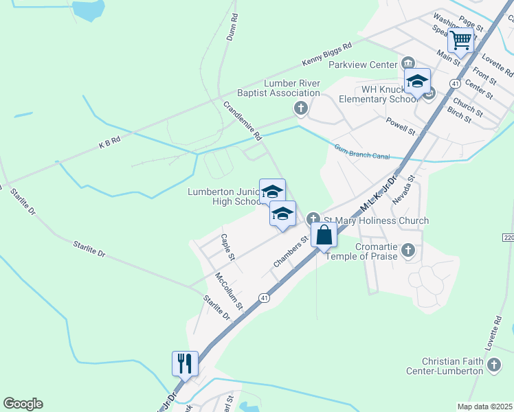 map of restaurants, bars, coffee shops, grocery stores, and more near 82 Marion Road in Lumberton