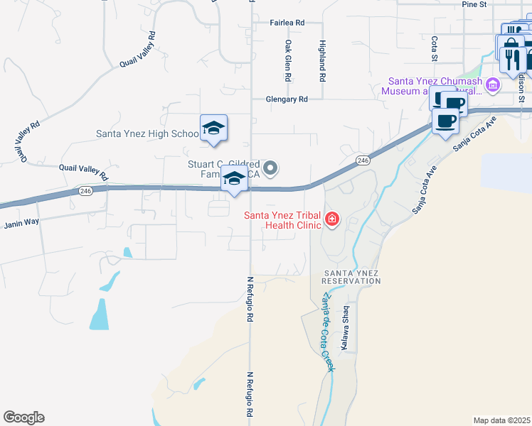 map of restaurants, bars, coffee shops, grocery stores, and more near 860 North Refugio Road in Santa Ynez