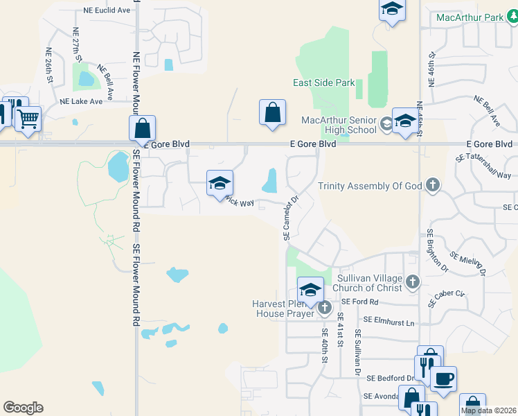 map of restaurants, bars, coffee shops, grocery stores, and more near 315 Southeast Warwick Way in Lawton