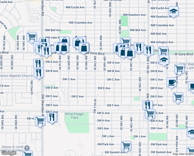 map of restaurants, bars, coffee shops, grocery stores, and more near 301 Southwest 17th Street in Lawton