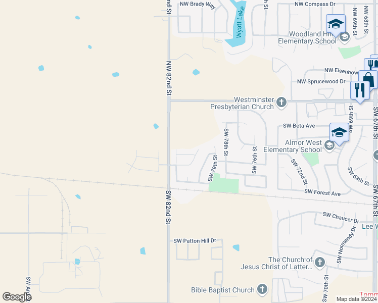 map of restaurants, bars, coffee shops, grocery stores, and more near 8105 Southwest Cherokee Avenue in Lawton