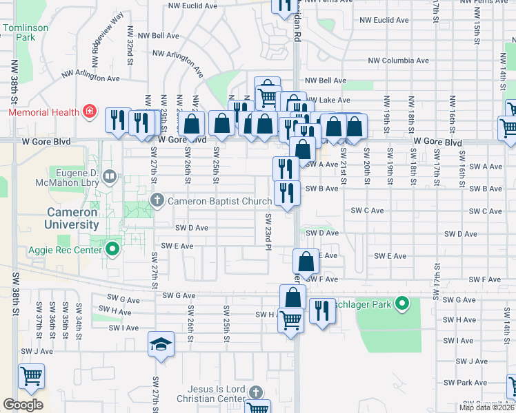 map of restaurants, bars, coffee shops, grocery stores, and more near 402 Southwest 23rd Place in Lawton