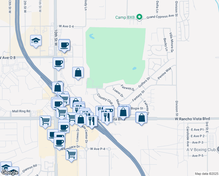 map of restaurants, bars, coffee shops, grocery stores, and more near 540 Fairway Drive in Palmdale