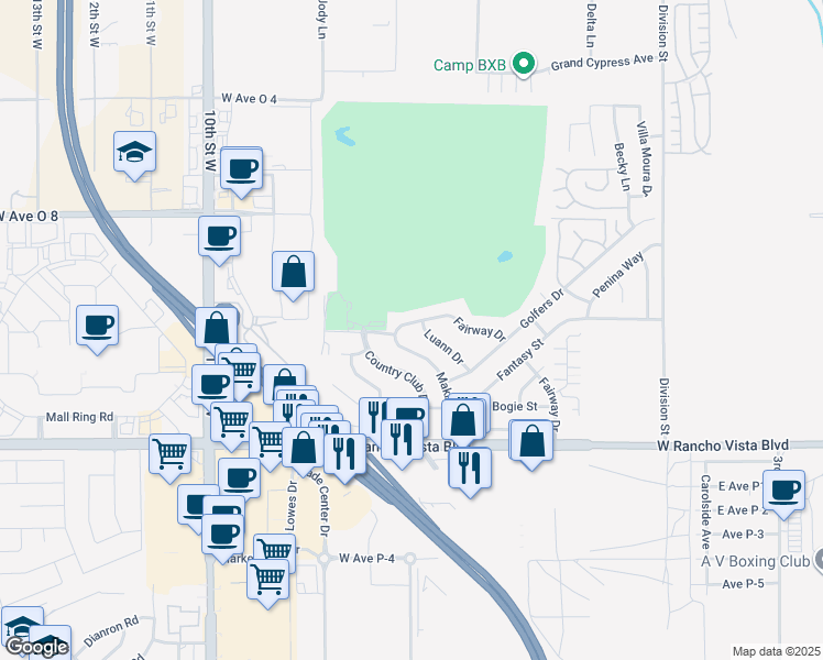 map of restaurants, bars, coffee shops, grocery stores, and more near 540 Fairway Drive in Palmdale