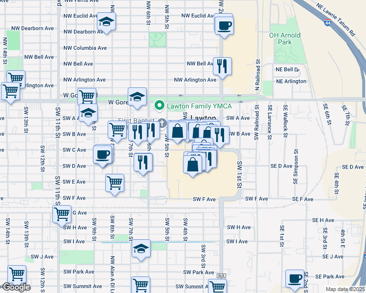 map of restaurants, bars, coffee shops, grocery stores, and more near 400-498 Southwest C Avenue in Lawton