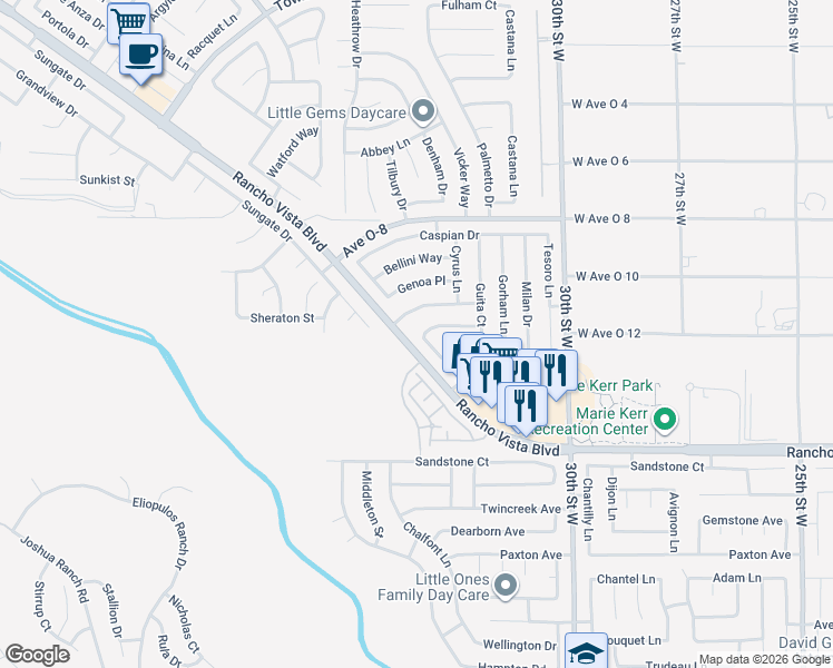 map of restaurants, bars, coffee shops, grocery stores, and more near 39785 Verona Lane in Palmdale