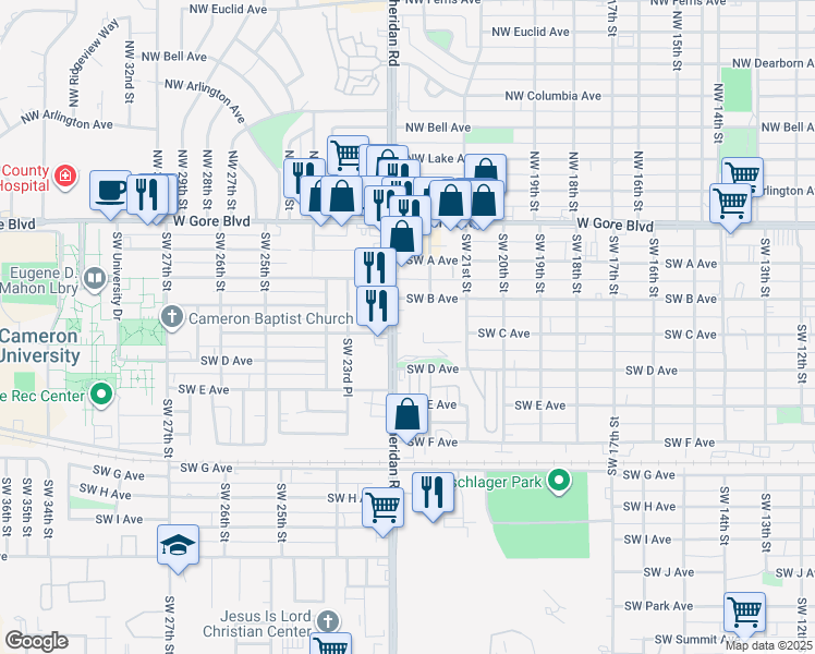 map of restaurants, bars, coffee shops, grocery stores, and more near 206 Southwest Sheridan Road in Lawton