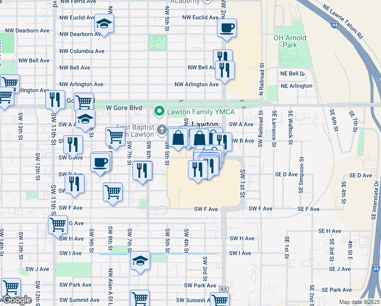 map of restaurants, bars, coffee shops, grocery stores, and more near 312 Southwest C Avenue in Lawton
