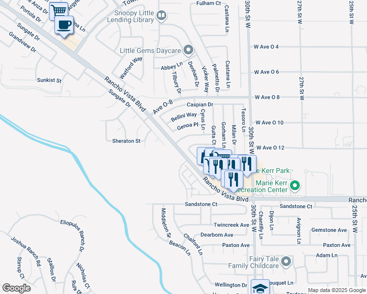 map of restaurants, bars, coffee shops, grocery stores, and more near 39785 Verona Lane in Palmdale