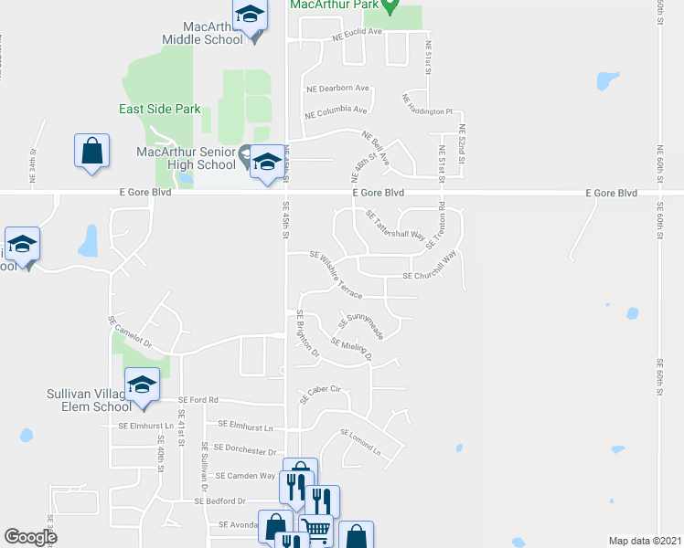 map of restaurants, bars, coffee shops, grocery stores, and more near 4704 Southeast Wilshire Terrace in Lawton