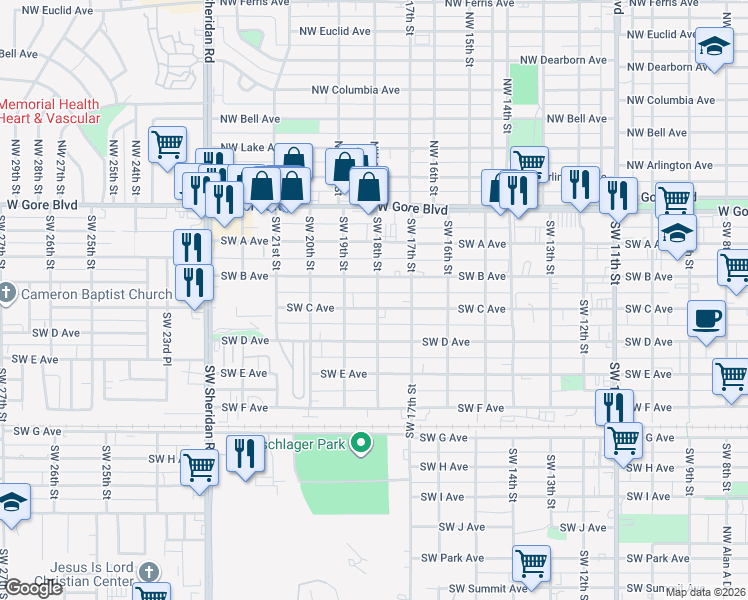 map of restaurants, bars, coffee shops, grocery stores, and more near 307 Southwest 18th Street in Lawton