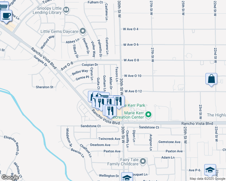 map of restaurants, bars, coffee shops, grocery stores, and more near 39764 Milan Drive in Palmdale