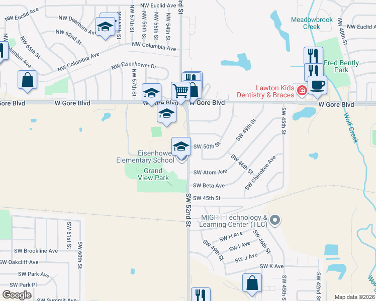 map of restaurants, bars, coffee shops, grocery stores, and more near 315 Southwest 52nd Street in Lawton