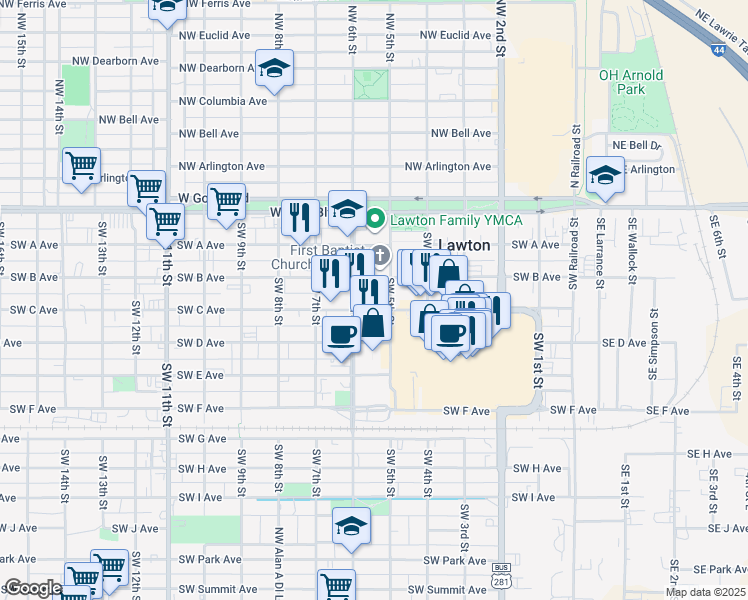 map of restaurants, bars, coffee shops, grocery stores, and more near 500-598 SW C Ave in Lawton