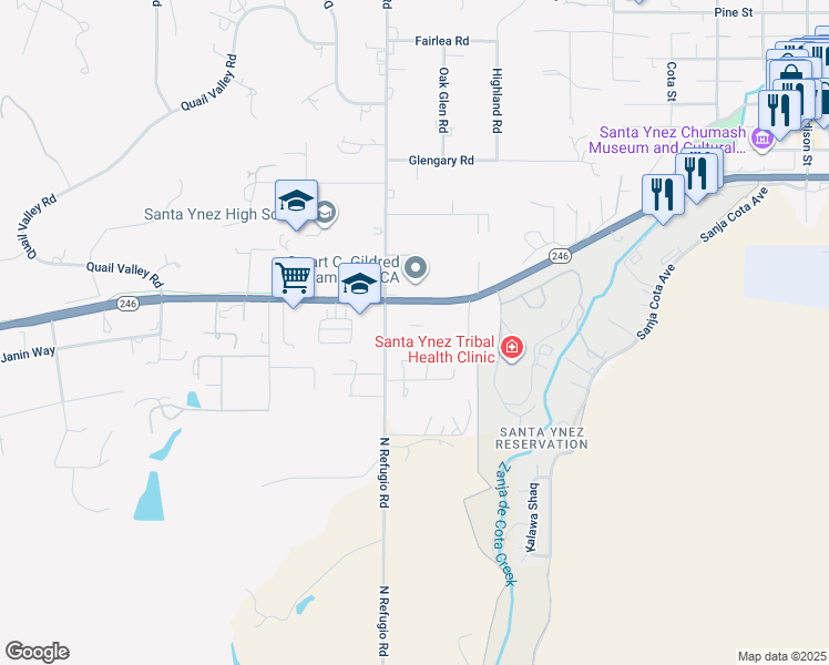 map of restaurants, bars, coffee shops, grocery stores, and more near 890 North Refugio Road in Santa Ynez