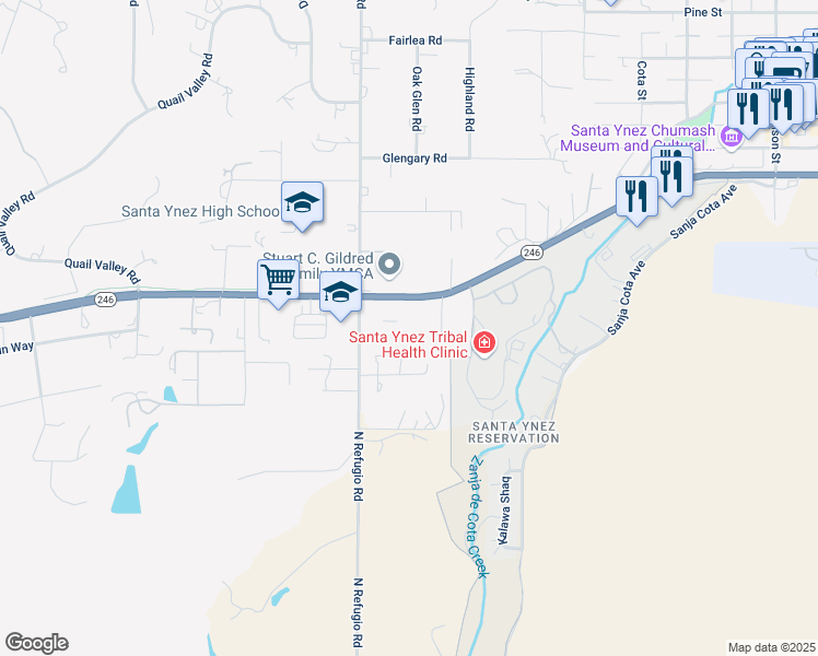 map of restaurants, bars, coffee shops, grocery stores, and more near 3095 Lucky Lane in Santa Ynez