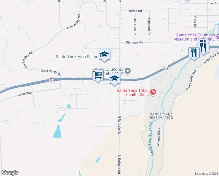 map of restaurants, bars, coffee shops, grocery stores, and more near 2950 Mission Drive in Solvang
