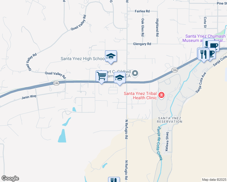 map of restaurants, bars, coffee shops, grocery stores, and more near 2950 Mission Drive in Solvang