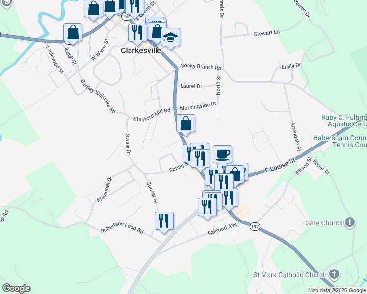 map of restaurants, bars, coffee shops, grocery stores, and more near 151 Russ Circle in Clarkesville
