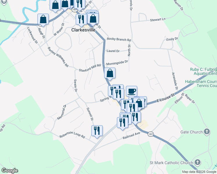 map of restaurants, bars, coffee shops, grocery stores, and more near 151 Russ Circle in Clarkesville