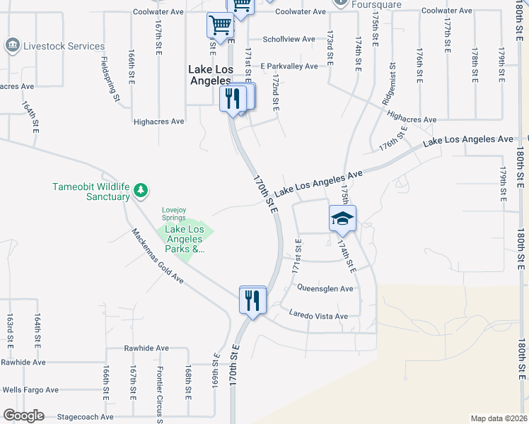 map of restaurants, bars, coffee shops, grocery stores, and more near Lake Los Angeles Avenue in Lake Los Angeles