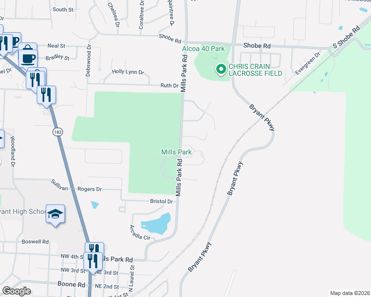 map of restaurants, bars, coffee shops, grocery stores, and more near 1200 Sage Creek Drive in Bryant