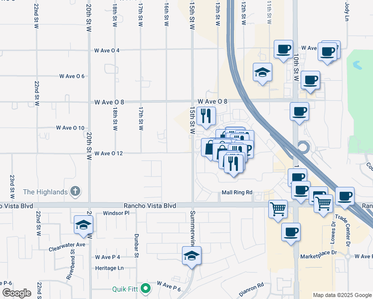 map of restaurants, bars, coffee shops, grocery stores, and more near 1515 West Avenue O 12 in Palmdale