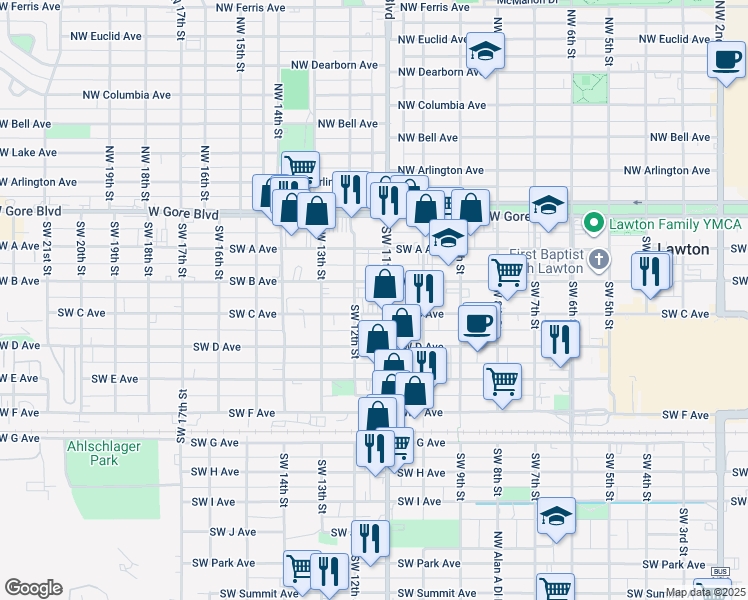 map of restaurants, bars, coffee shops, grocery stores, and more near 300-350 Southwest 12th Street in Lawton