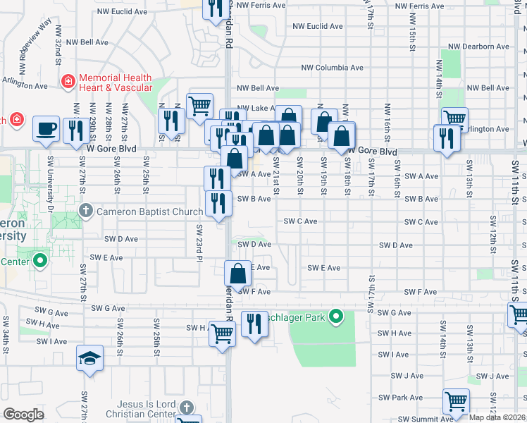 map of restaurants, bars, coffee shops, grocery stores, and more near 2202 Southwest B Avenue in Lawton