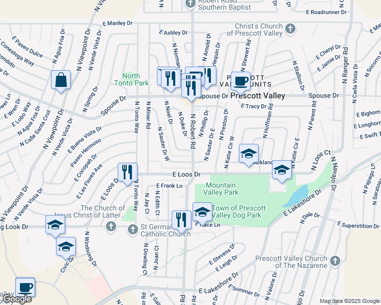 map of restaurants, bars, coffee shops, grocery stores, and more near 4342 North Robert Road in Prescott Valley
