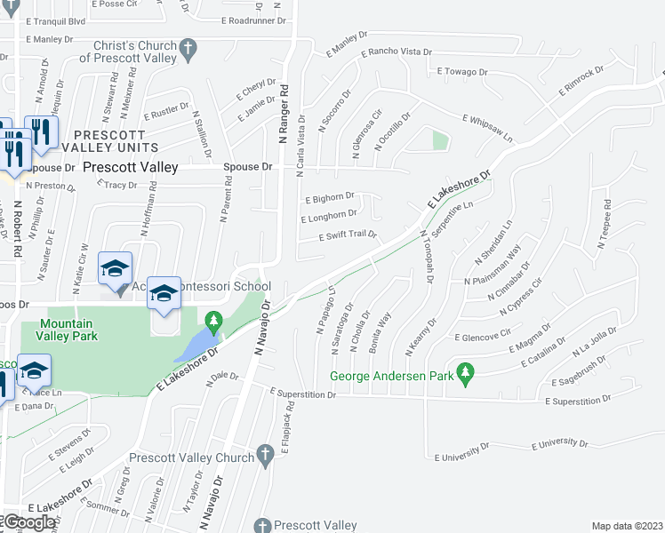map of restaurants, bars, coffee shops, grocery stores, and more near 9116 East Lakeshore Drive in Prescott Valley