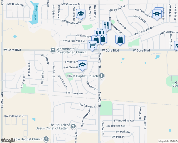 map of restaurants, bars, coffee shops, grocery stores, and more near 108 Southwest 69th Street in Lawton