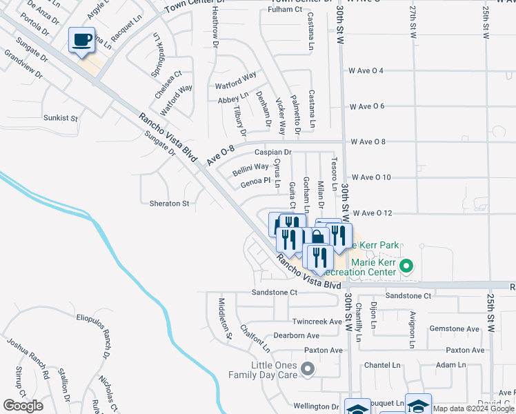map of restaurants, bars, coffee shops, grocery stores, and more near 3223 Angeleno Place in Palmdale