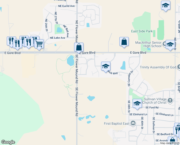 map of restaurants, bars, coffee shops, grocery stores, and more near 3213 Southeast Coachman Place in Lawton