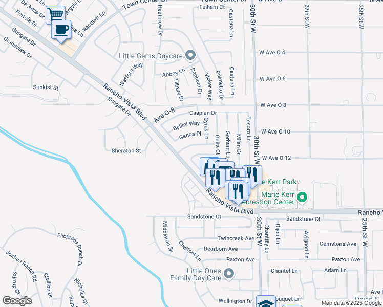map of restaurants, bars, coffee shops, grocery stores, and more near 3223 Angeleno Place in Palmdale