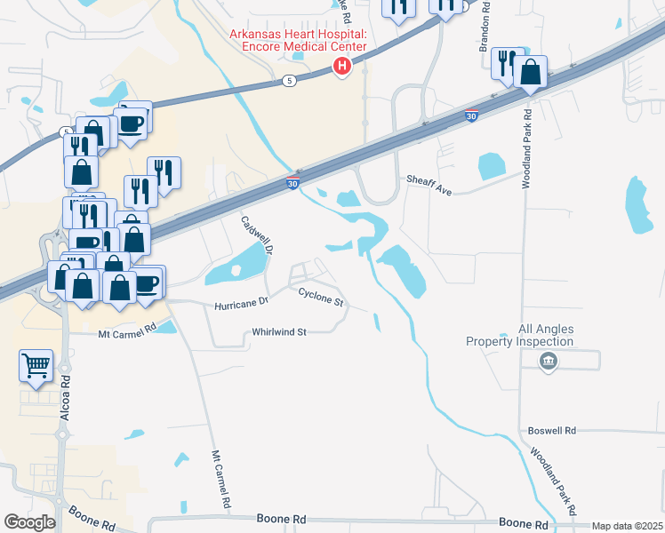 map of restaurants, bars, coffee shops, grocery stores, and more near 4300 Hurricane Drive in Bryant