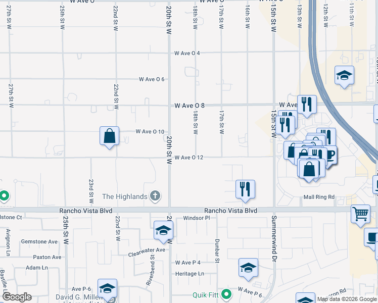 map of restaurants, bars, coffee shops, grocery stores, and more near 39815 18th Street West in Palmdale