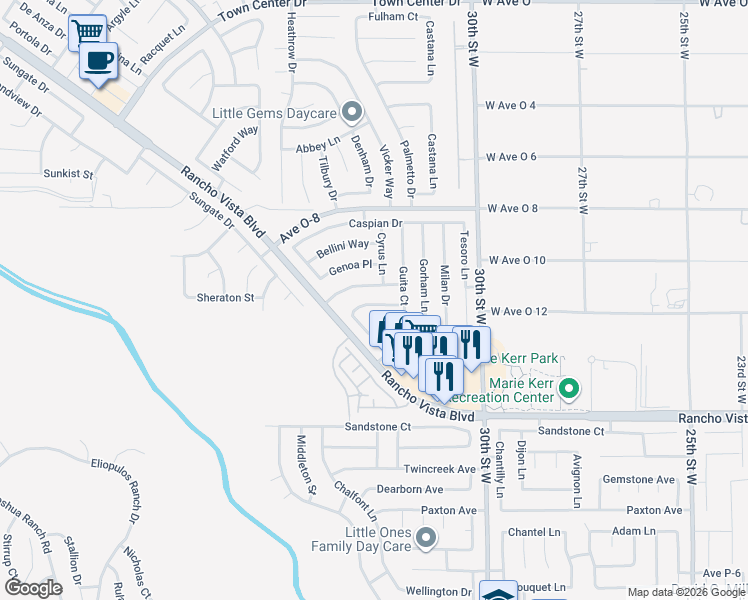 map of restaurants, bars, coffee shops, grocery stores, and more near 3229 Montellano Avenue in Palmdale