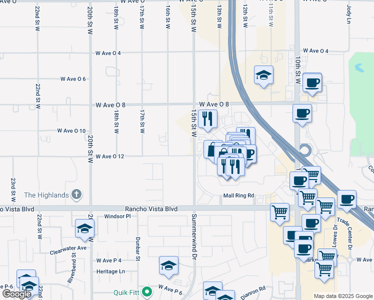 map of restaurants, bars, coffee shops, grocery stores, and more near 1515 West Avenue O 12 in Palmdale
