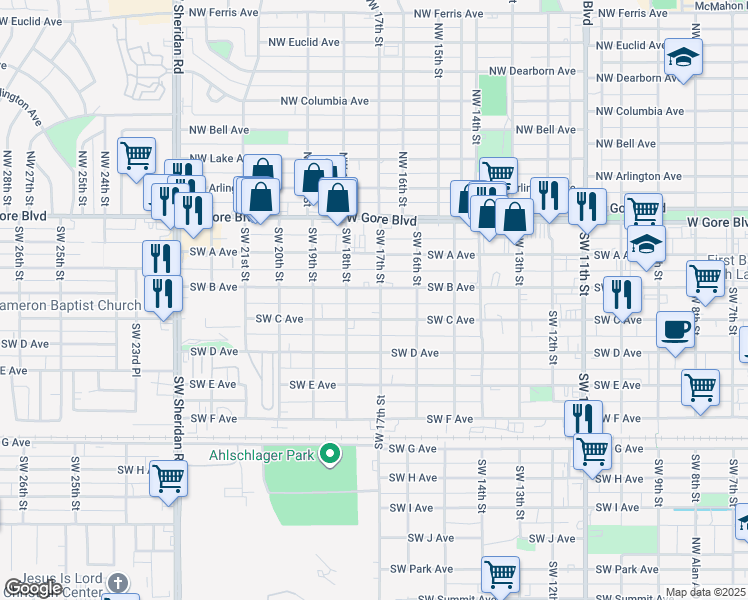 map of restaurants, bars, coffee shops, grocery stores, and more near 1705 Southwest B Avenue in Lawton