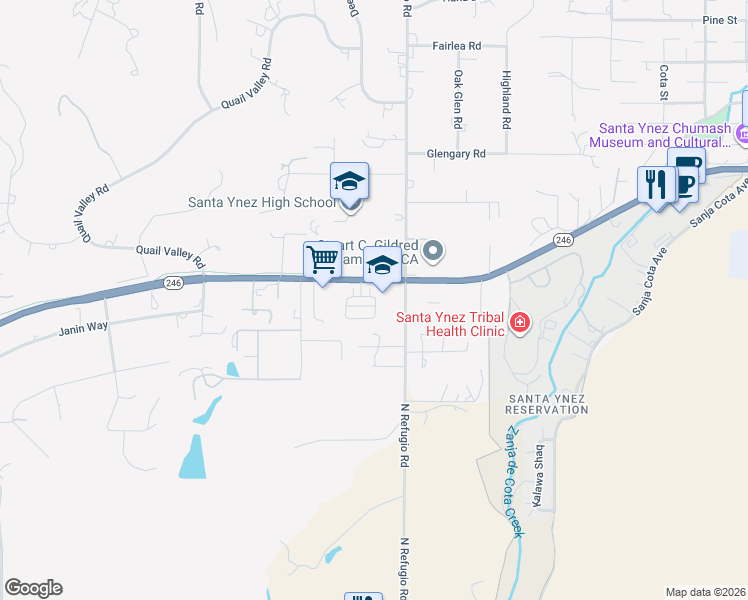 map of restaurants, bars, coffee shops, grocery stores, and more near 891 North Refugio Road in Santa Ynez