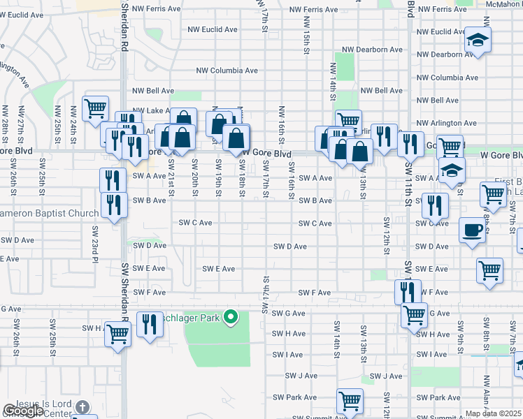 map of restaurants, bars, coffee shops, grocery stores, and more near 1705 Southwest B Avenue in Lawton