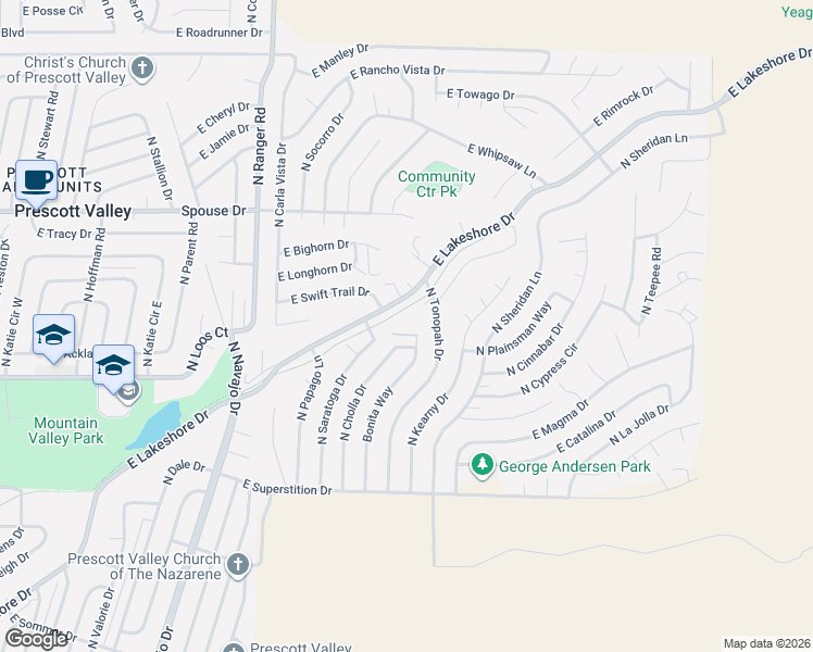 map of restaurants, bars, coffee shops, grocery stores, and more near 9281 East Lakeshore Drive in Prescott Valley